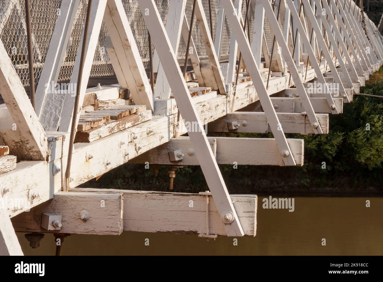 Wooden construction detail of the Dewey Bridge, a wire suspension
