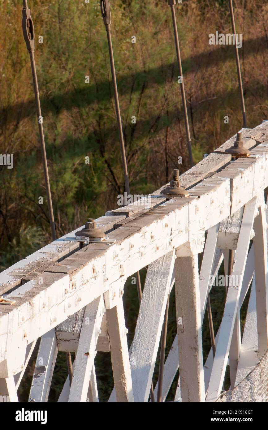 Wooden construction detail of the Dewey Bridge, a wire suspension