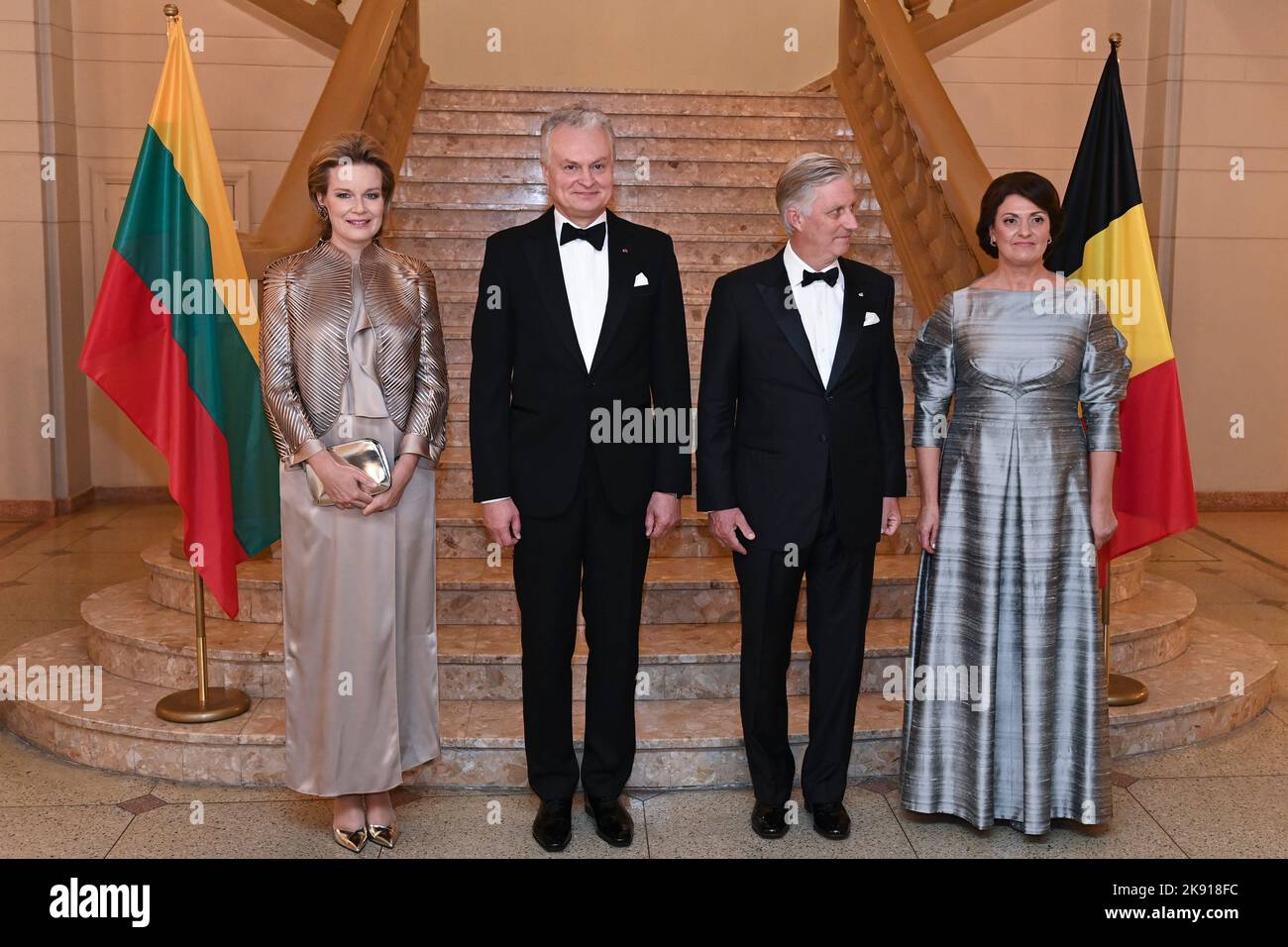 Queen Mathilde of Belgium, Lithuania President Gitanas Nauseda, King Philippe - Filip of Belgium and Lithuania first lady Diana Nausediene pictured during the official state visit of the Belgian Royal Couple to the Republic of Lithuania, Tuesday 25 October 2022, in Vilnius. BELGA PHOTO DIRK WAEM Stock Photo