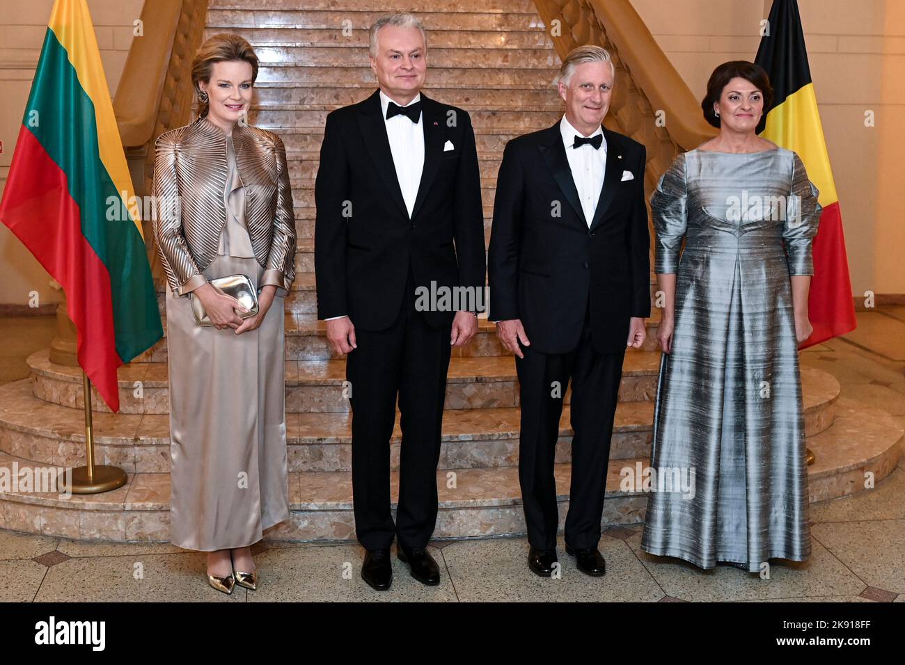 Queen Mathilde of Belgium, Lithuania President Gitanas Nauseda, King Philippe - Filip of Belgium and Lithuania first lady Diana Nausediene pictured during the official state visit of the Belgian Royal Couple to the Republic of Lithuania, Tuesday 25 October 2022, in Vilnius. BELGA PHOTO DIRK WAEM Stock Photo