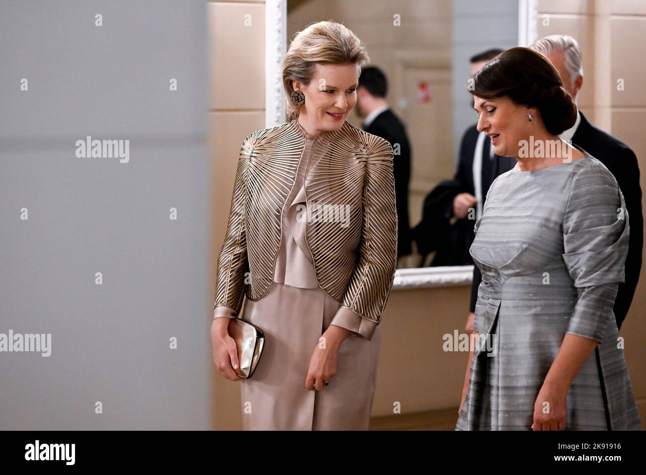 Queen Mathilde of Belgium and Lithuania first lady Diana Nausediene pictured during the official state visit of the Belgian Royal Couple to the Republic of Lithuania, Tuesday 25 October 2022, in Vilnius. BELGA PHOTO DIRK WAEM Stock Photo