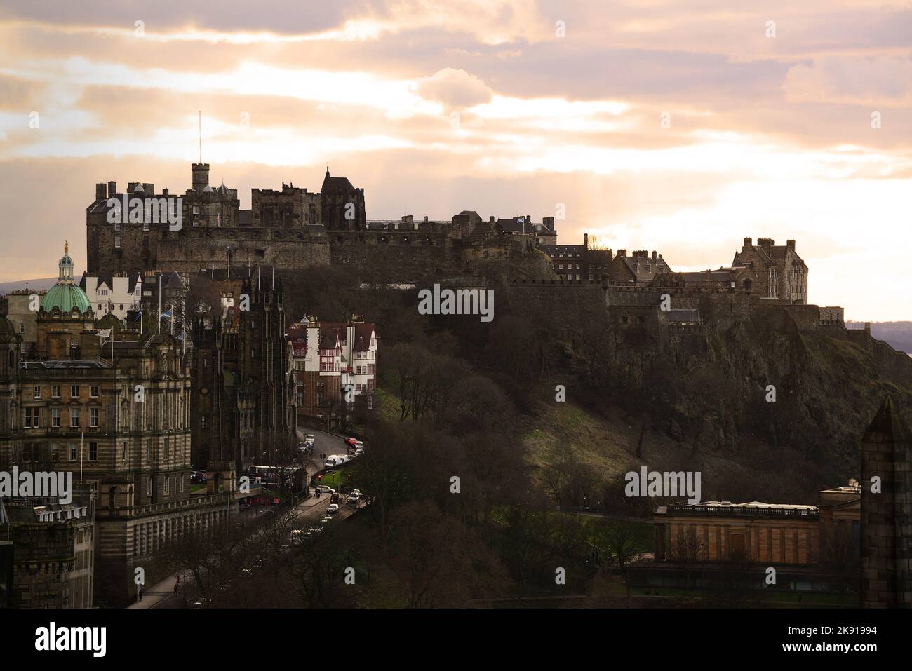 The Edinburgh Castle during sunset in Edinburgh, Scotland Stock Photo