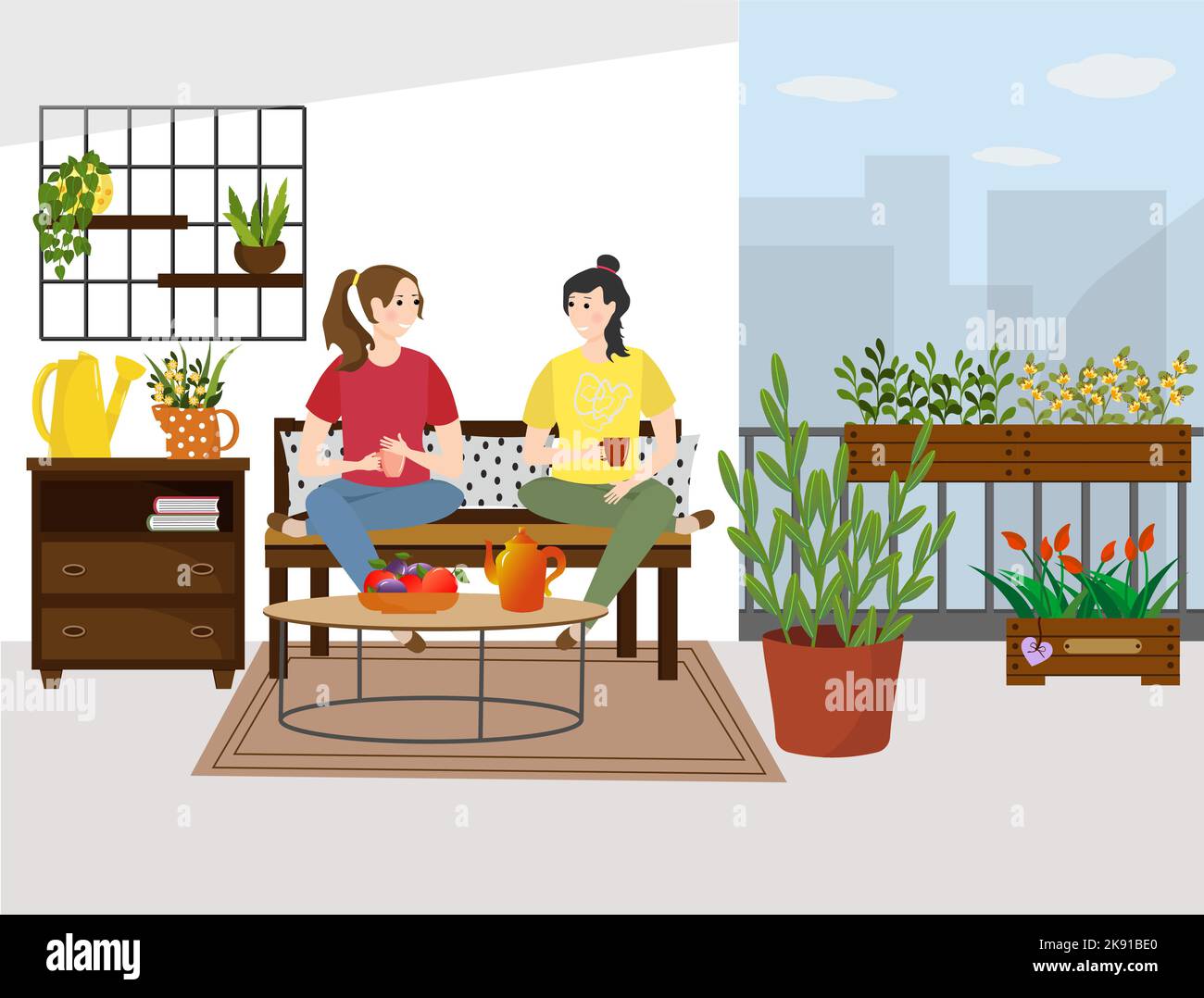 Two women talking sofa hands Stock Vector Images Alamy