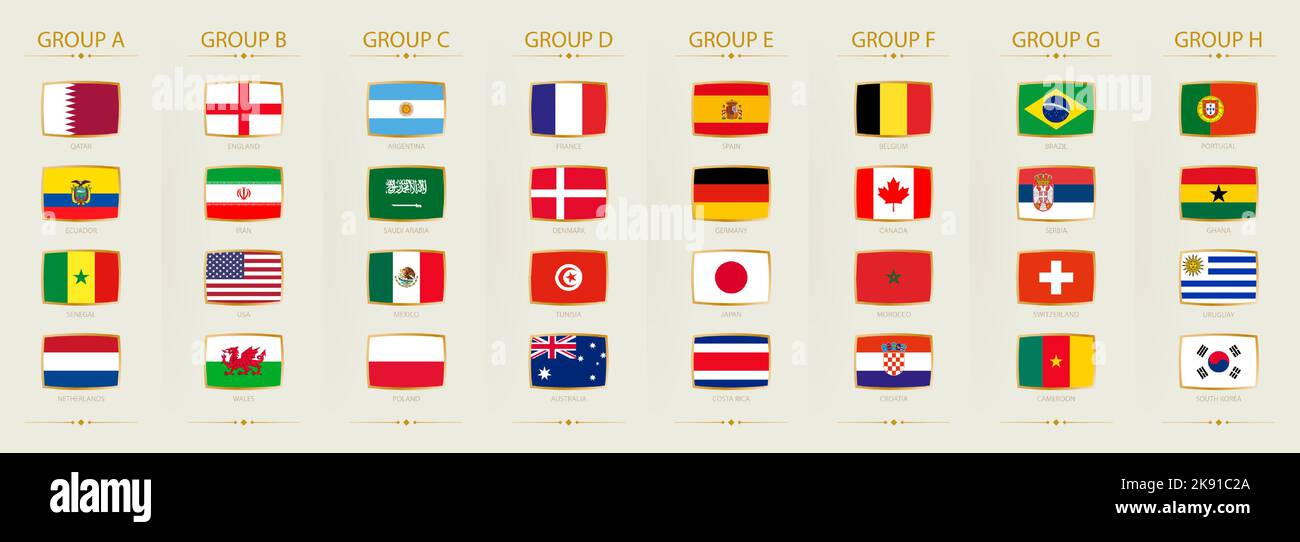 World football tournament participants flags, all groups and flags on light background. Vector collection. Stock Vector