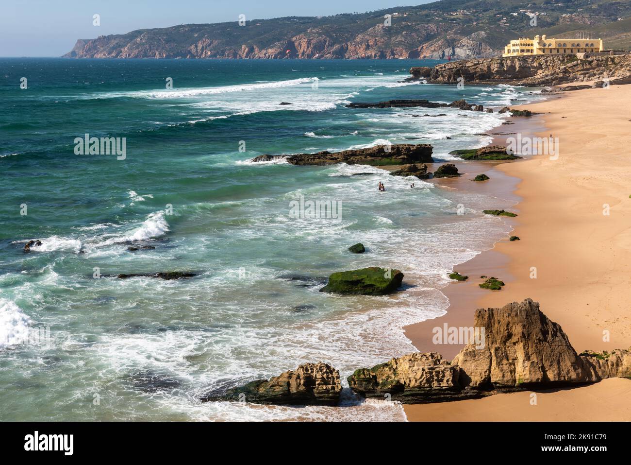 A scenic view of the coast of the Cresmina beach in Cascais, Portugal Stock Photo