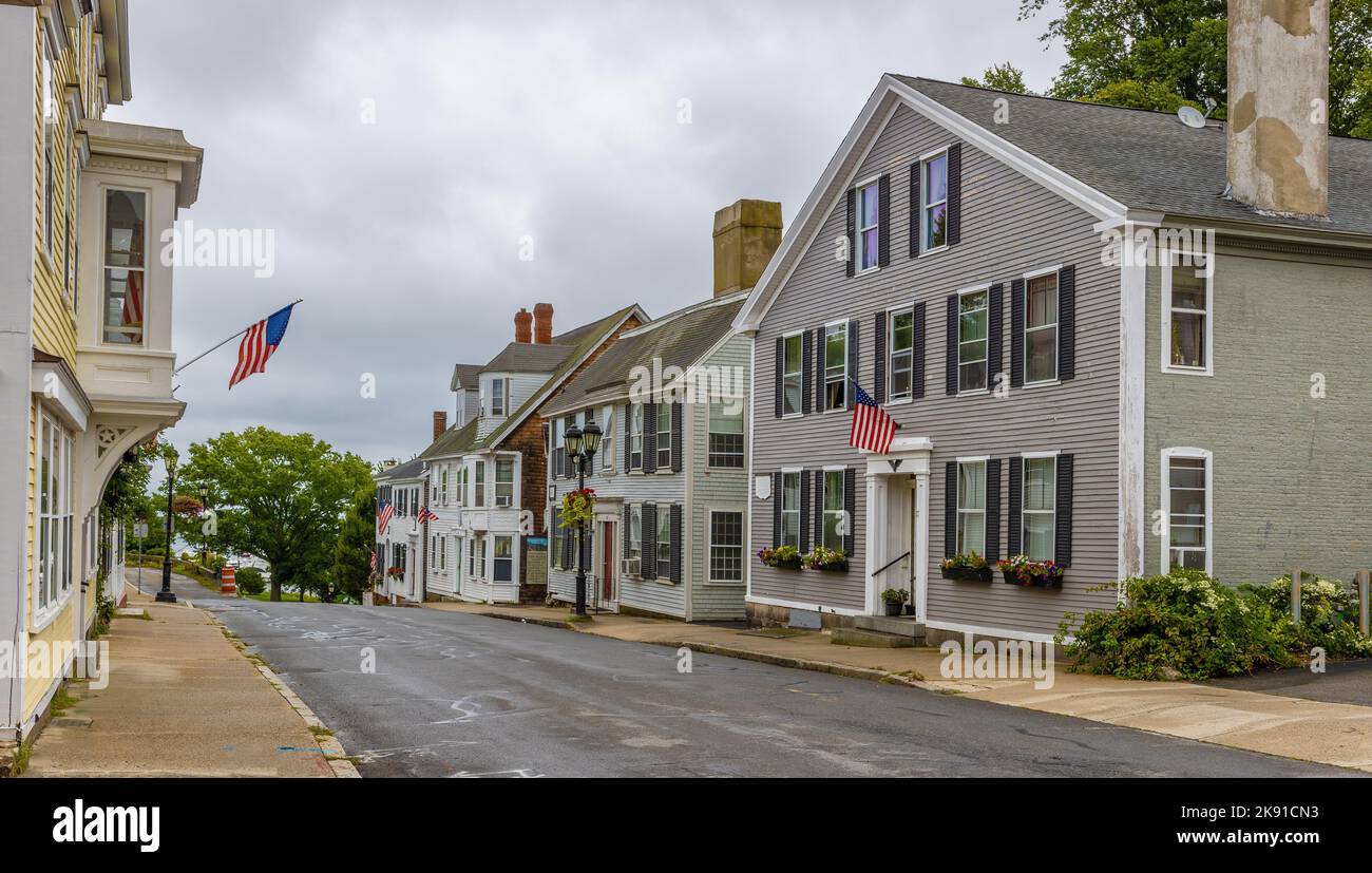 Plymouth Massachusetts Usa September 12 2022 Home Lined Streets With American Flags Under