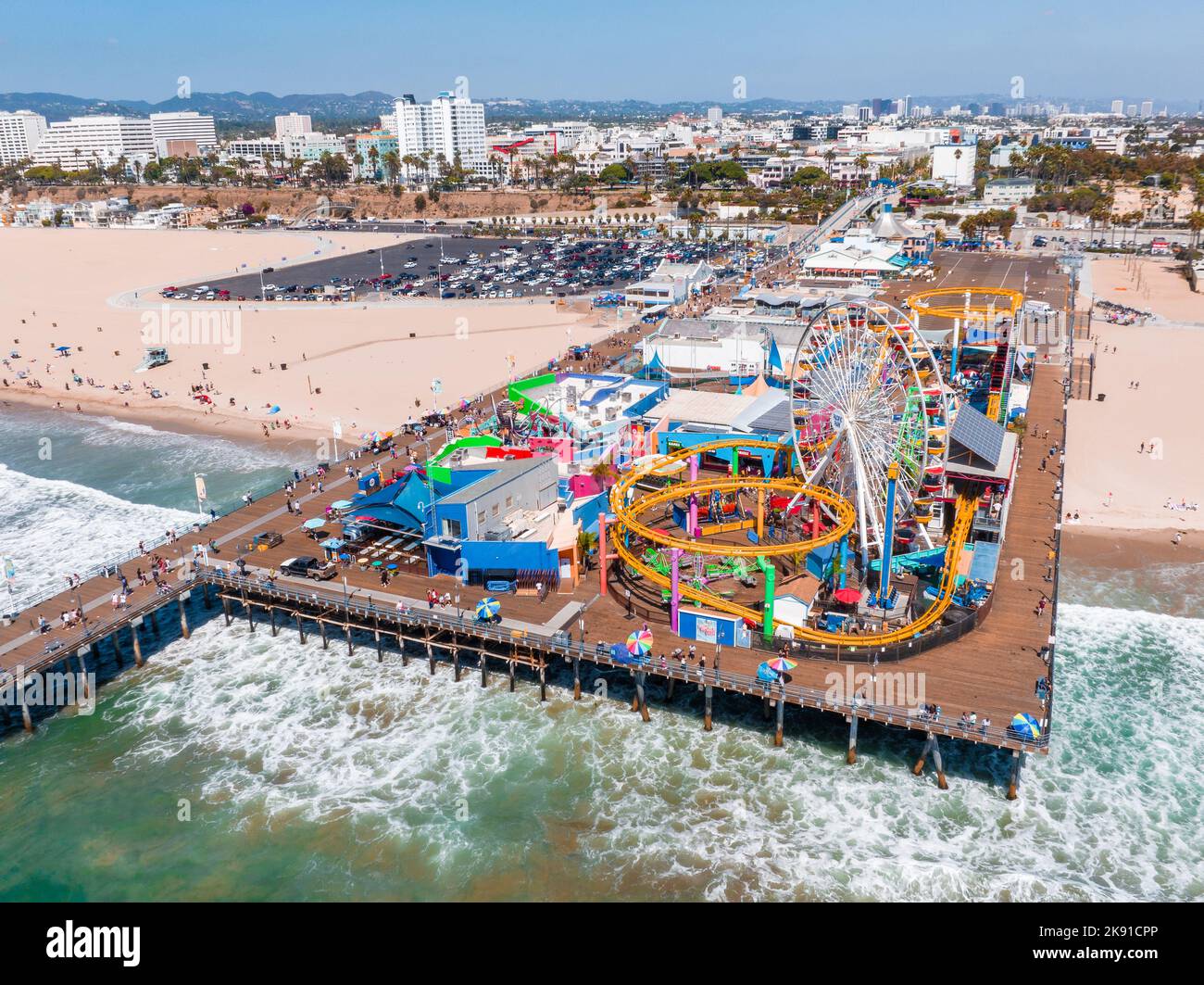 Panoramic aerial view of the Santa Monica Beach and the Pier Stock ...
