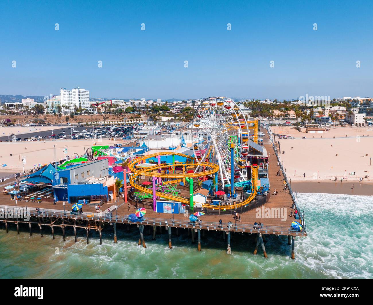 Panoramic aerial view of the Santa Monica Beach and the Pier Stock ...