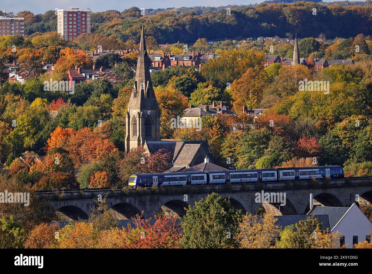 A Northern Rail train travelling across Kirkstall Road Viaduct in Leeds on an Aumtmn day. Stock Photo