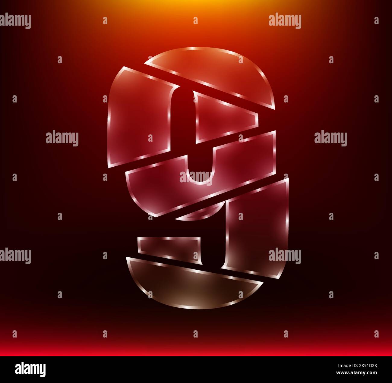 A glass number 9 slashed by sword isolated on a red background Stock