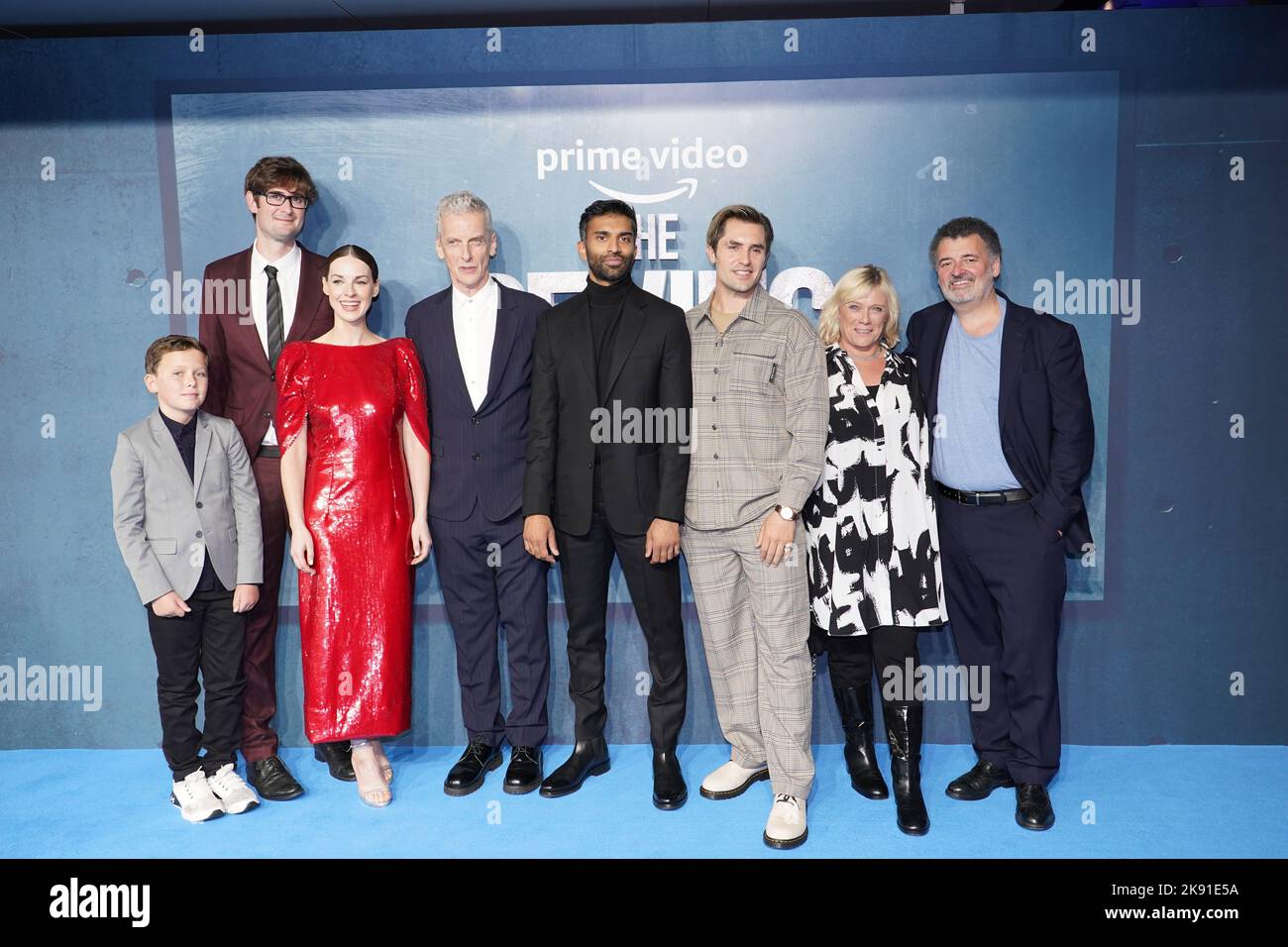 (left to right) Benjamin Chivers , Tom Moran, Jessica Raine, Peter Capaldi, Nikesh Patel, Phil Dunster, Sue Vertue and Steven Moffatt, attending the premiere of the new Amazon Original series The Devil's Hour at Curzon Bloomsbury, London. Picture date: Tuesday October 25, 2022. Stock Photo