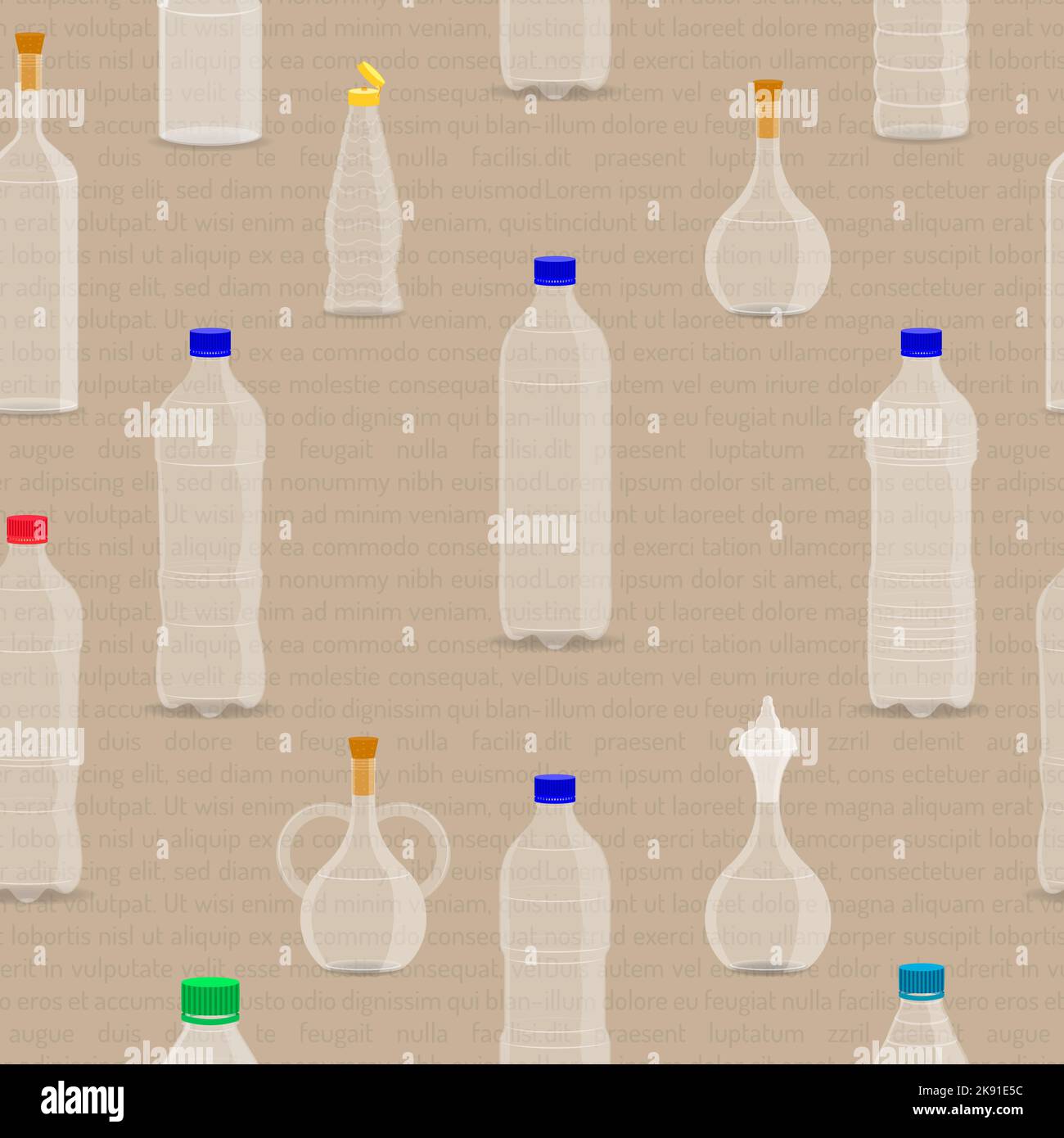 A vector illustration of water bottles in different shapes and sizes