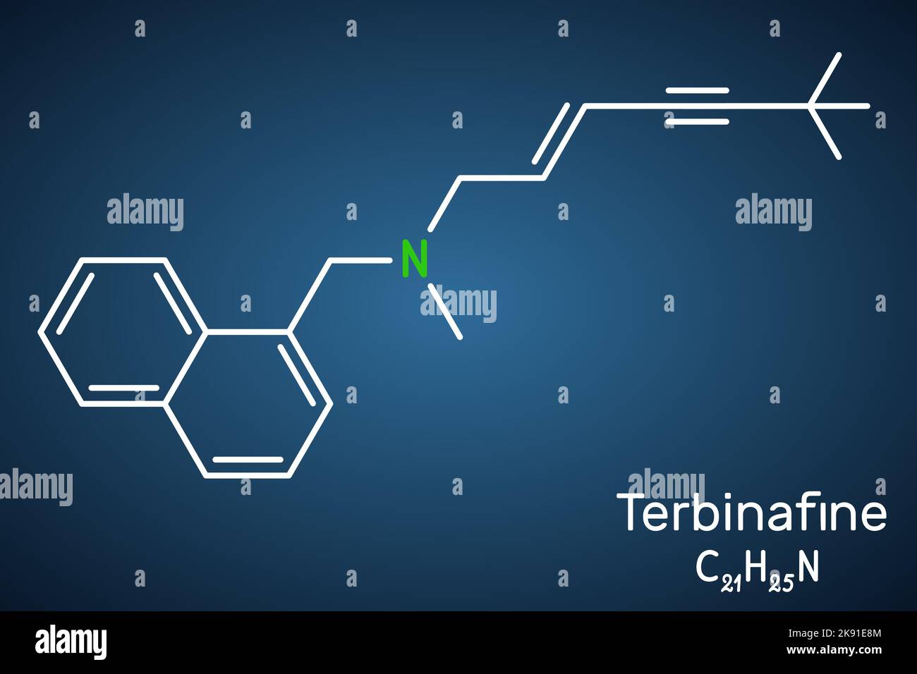 Terbinafine molecule. Structural chemical formula on the dark blue background Stock Vector