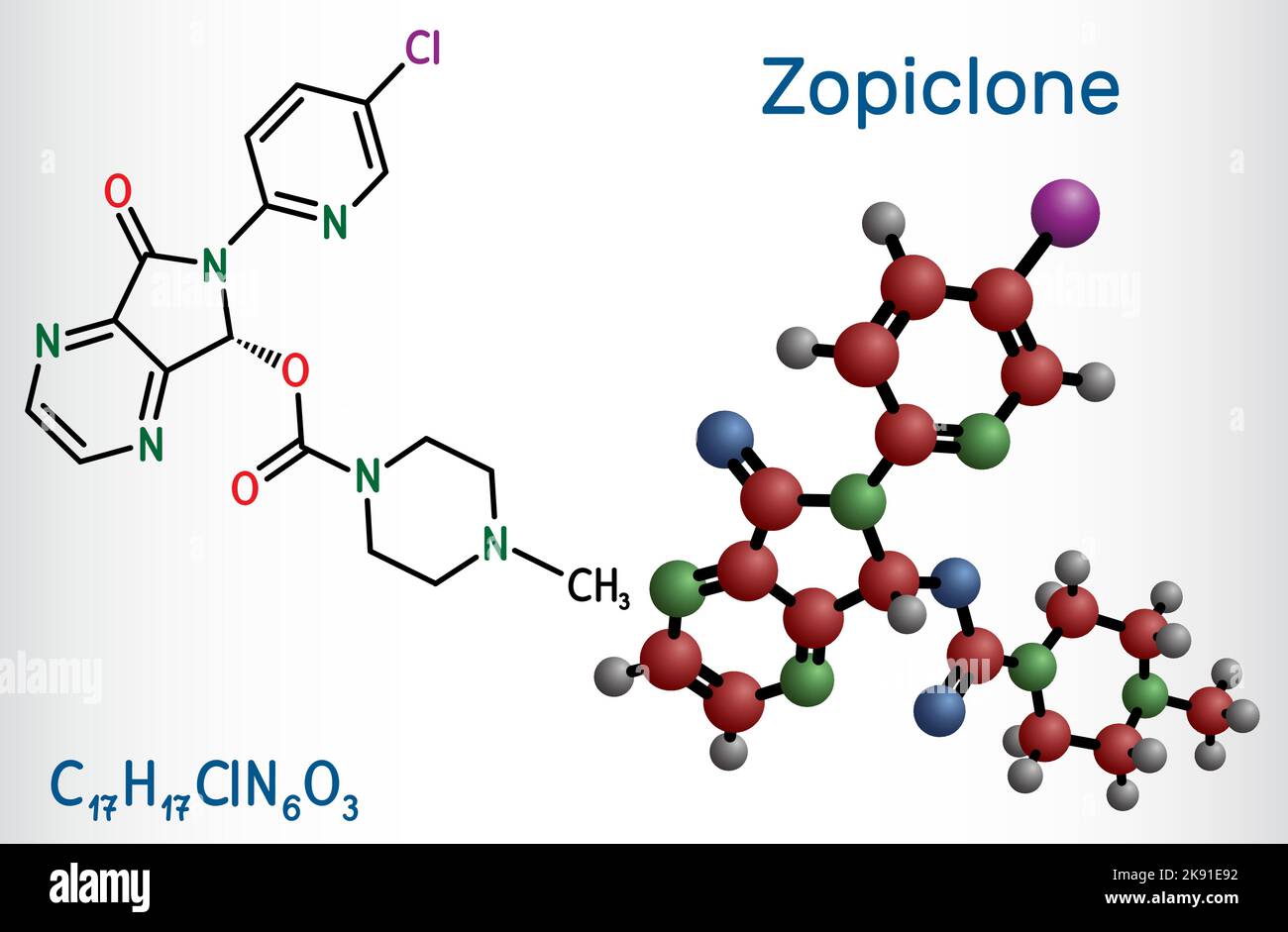 Zopiclone molecule. Structural chemical formula and molecule model. Stock Vector