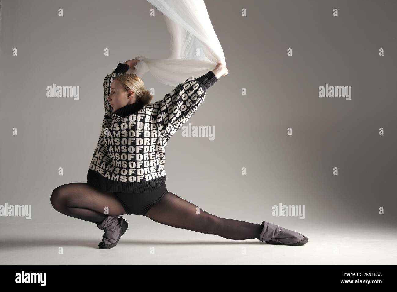 Ballerina Dancing with Silk Fabric, Modern Ballet Dancer with Waving