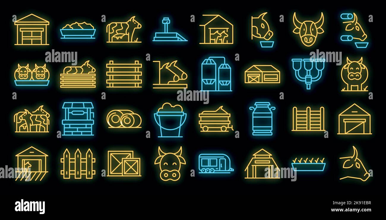 Breeding cows icons set outline vector. Dairy milk. Eat farm neon color on black Stock Vector