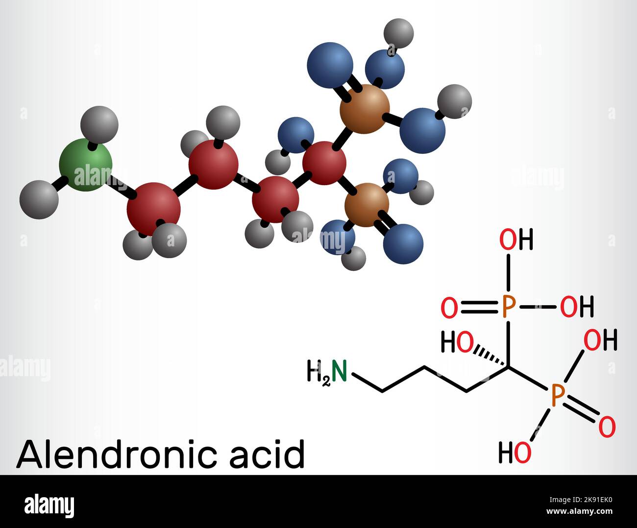 Alendronic acid molecule. Structural chemical formula, molecule model. Stock Vector