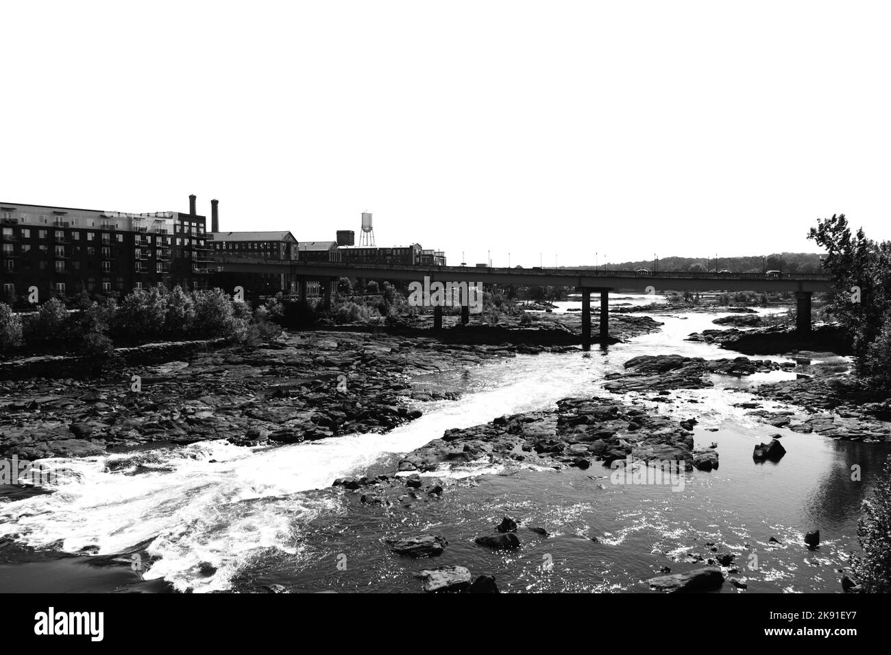 Black and white of downtown city and river Stock Photo