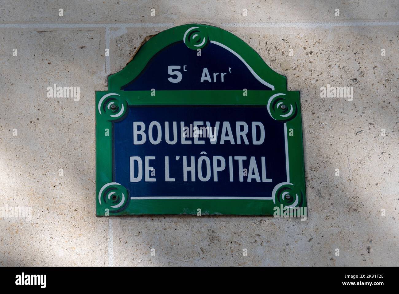 Traditional Parisian street sign with "Boulevard de l'Hôpital" written on it, Paris, France Stock Photo
