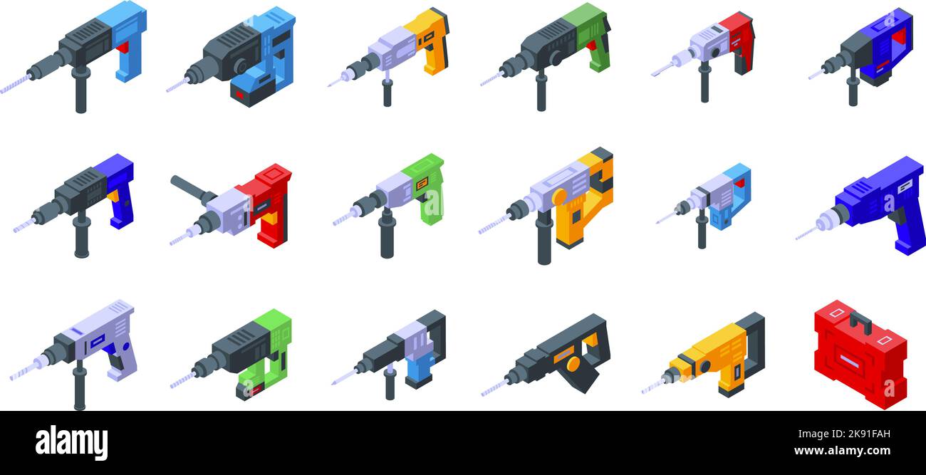 Electric hammer drill icons set isometric vector. Construction drill