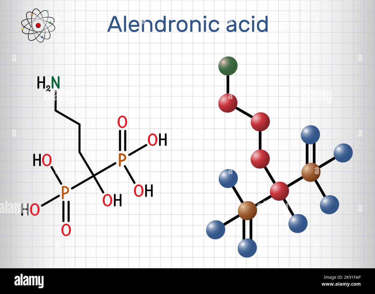 Alendronic acid molecule. It is bisphosphonate drug, used for treatment of osteoporosis. Structural chemical formula, molecule model. Sheet of paper i Stock Vector