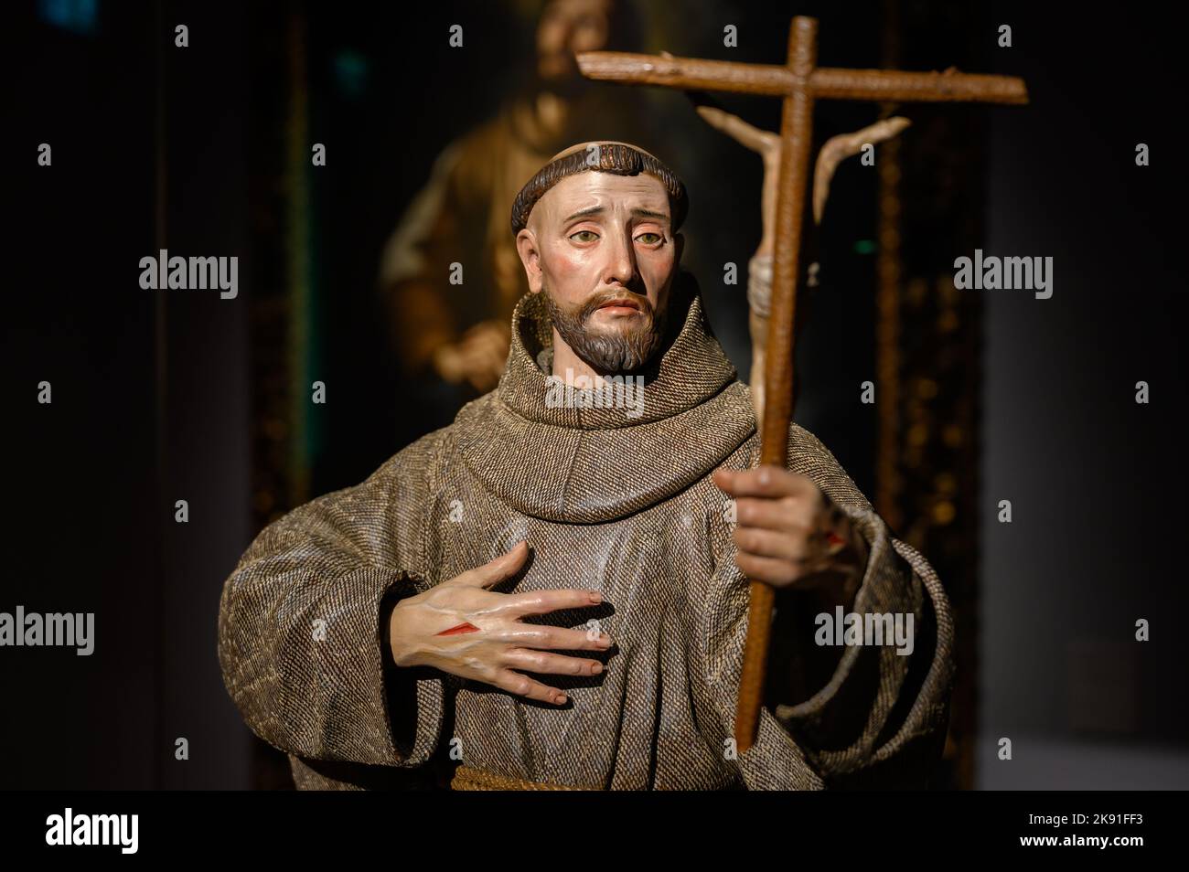 Saint Francis of Assisi (17th century) by Pedro de Mena y Medrano (1628 – 1688). Polychromed, varnished wood. Stock Photo