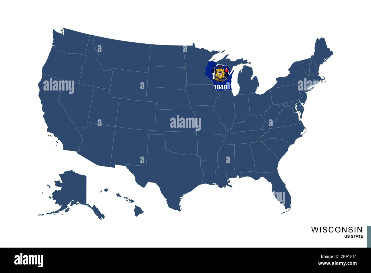 State of Wisconsin on blue map of United States of America. Flag and
