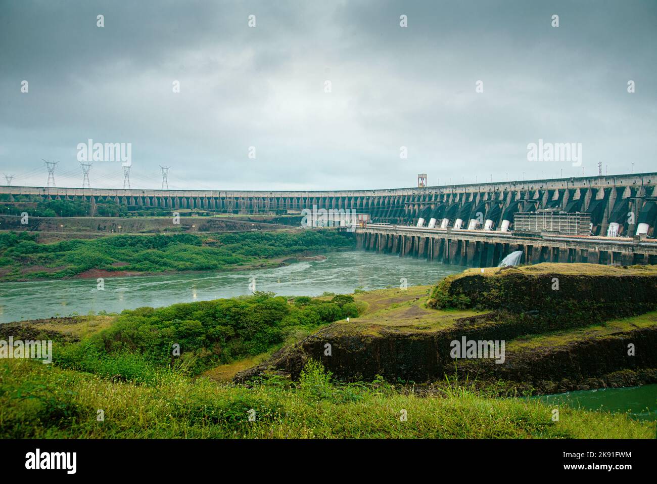 Itaipu Hydroelectric Power Plant - view of the spillway on a rainy day - High quality photo Stock Photo