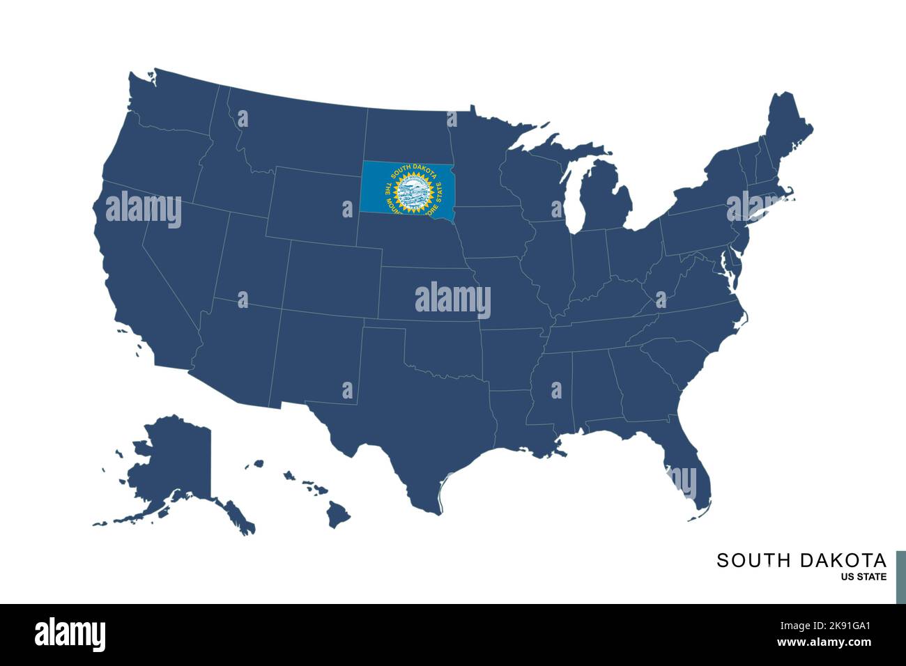 State of South Dakota on blue map of United States of America. Flag and map of South Dakota. Vector illustration. Stock Vector