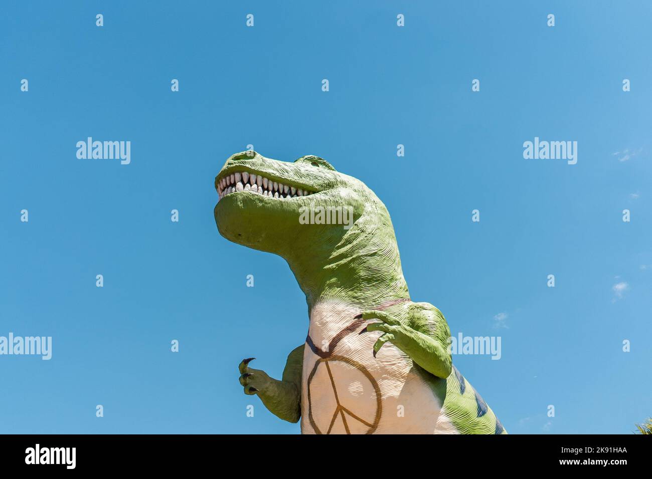 A lifesized dinosaur statue among the roadside attractions Cabazon dinosaurs in Palm Springs