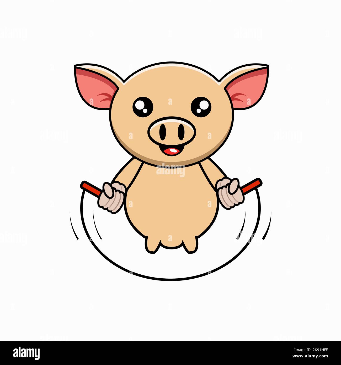 A pig exercising using a skipping rope isolated on the white background Stock Vector