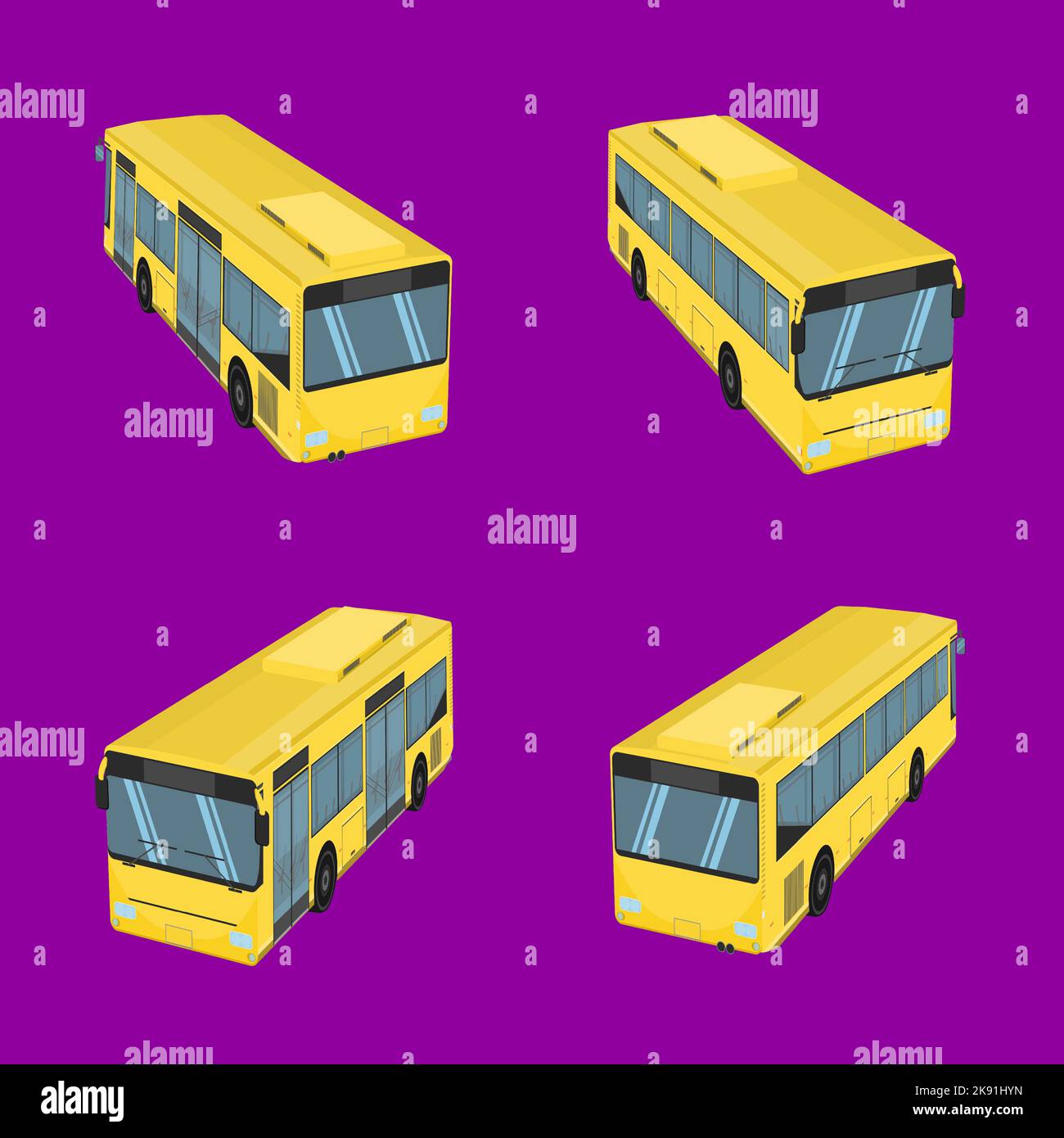 An illustration of four buses in different positions on a purple