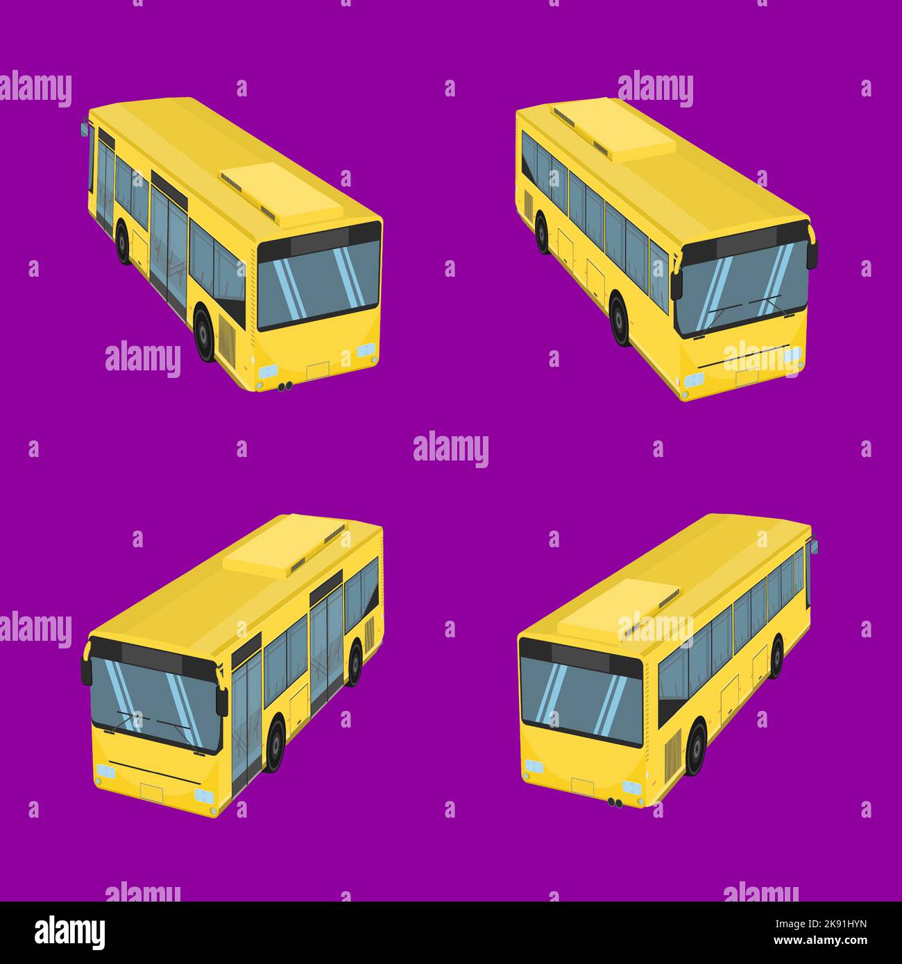 An illustration of four buses in different positions on a purple background Stock Vector