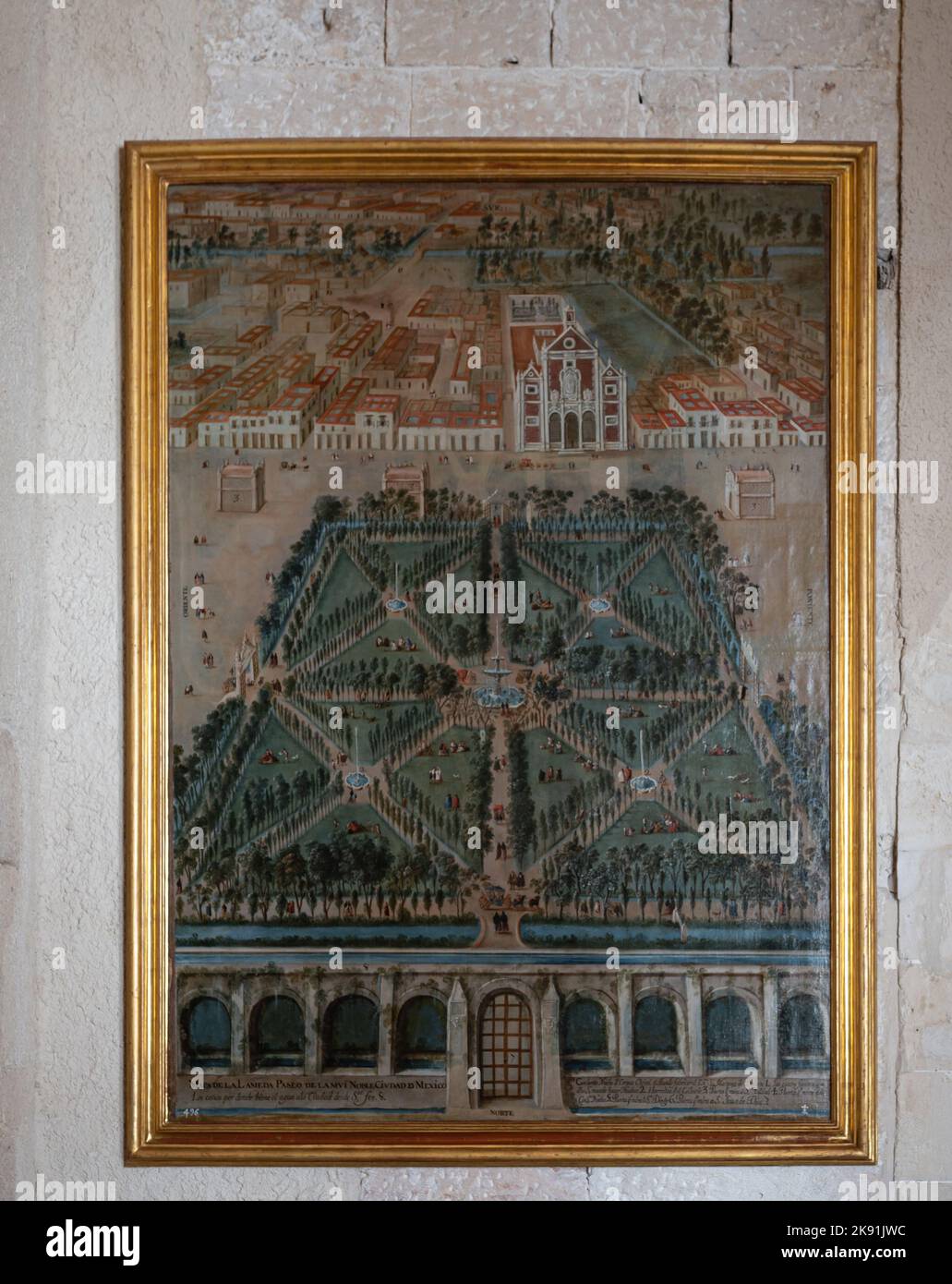 An old tapestry painting of the Map of Alameda Paseo de la Nivi noble city of Mexico in Bellver Castle, Mallorca, Spain Stock Photo