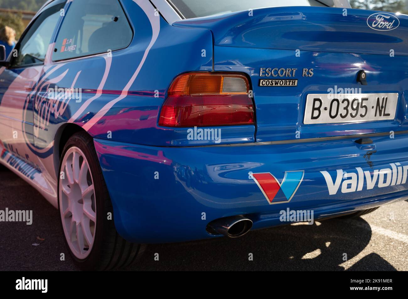 The Ford Escort mk5 Cosworth rally car with Valvoline sponsor. Stock Photo
