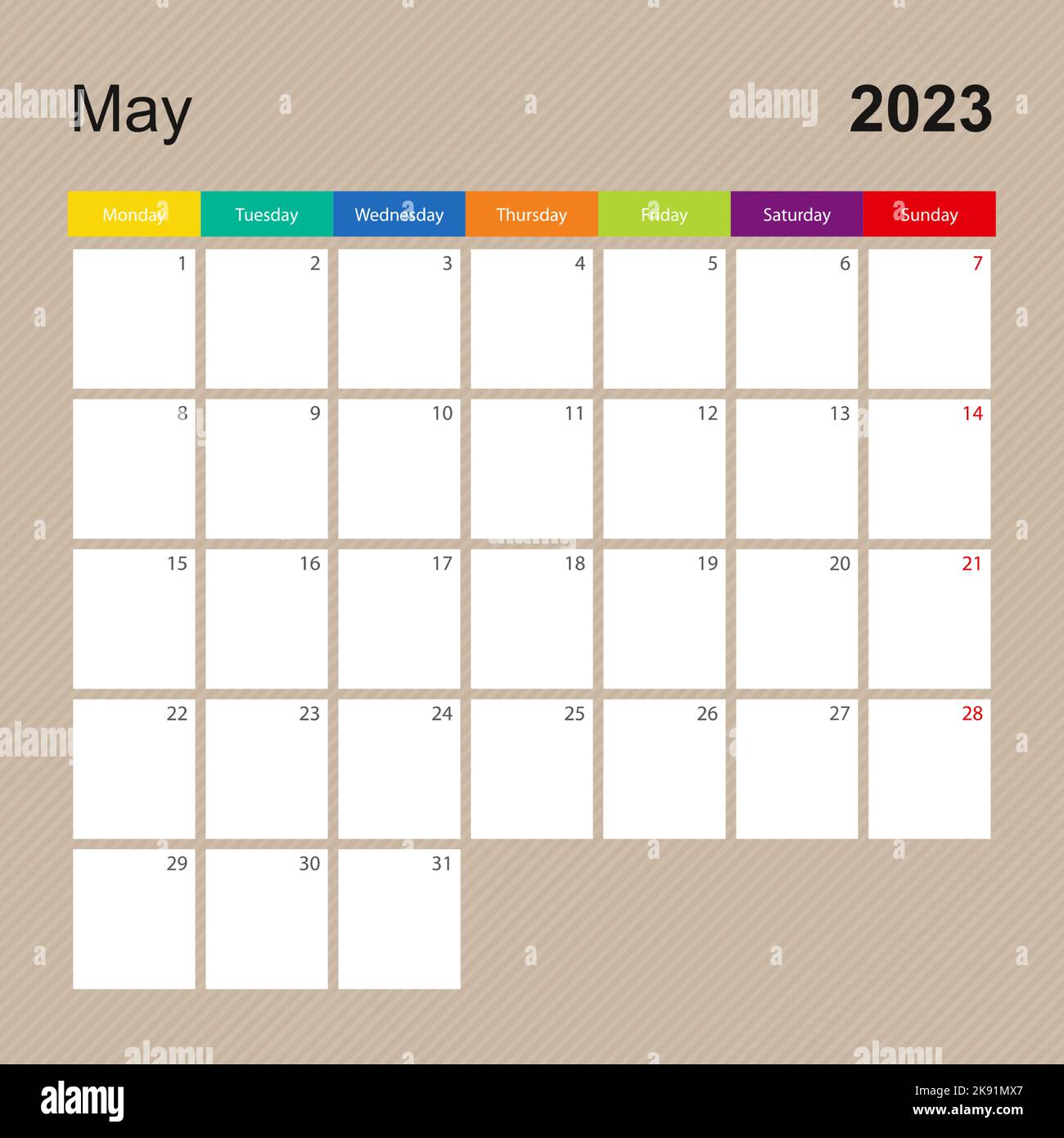 Calendar page for May 2023, wall planner with colorful design. Week