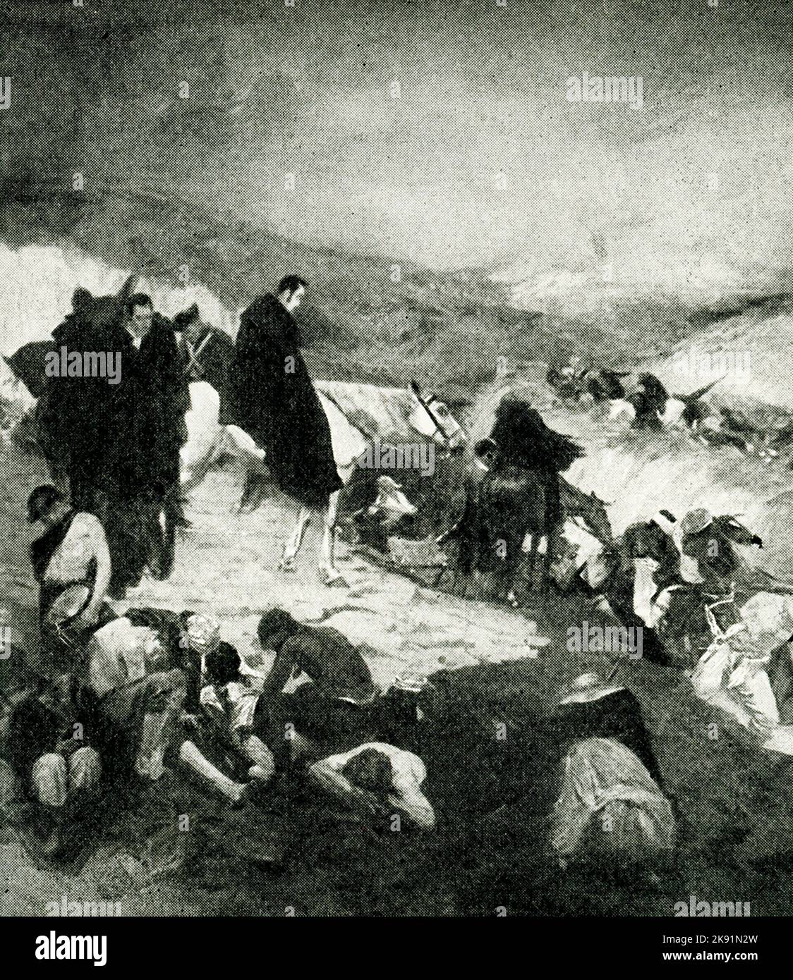 The 1914 caption reads: 'Simon Bolivar crossing the Andes.' Simón Bolívar (1783-1830) was a South American soldier who was instrumental in the continent's revolutions against the Spanish empire. Simón Bolívar, the dashing Liberator, conceived of a brilliant yet seemingly suicidal plan: he would take his 2,000+ man army, cross the mighty Andes in 1819, and hit the Spanish where they were least expecting it: in neighboring New Granada (Colombia), where a small Spanish army held the region unopposed. Stock Photo