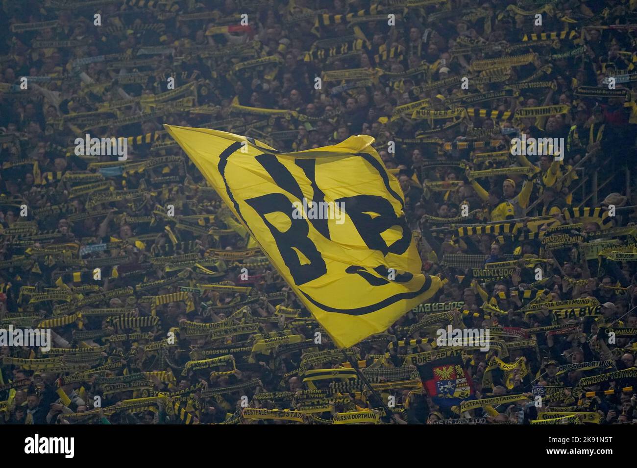 A general view of flags inside the stadium ahead of the UEFA Champions League group G match at Signal Iduna Park in Dortmund, Germany. Picture date: Tuesday October 25, 2022. Stock Photo