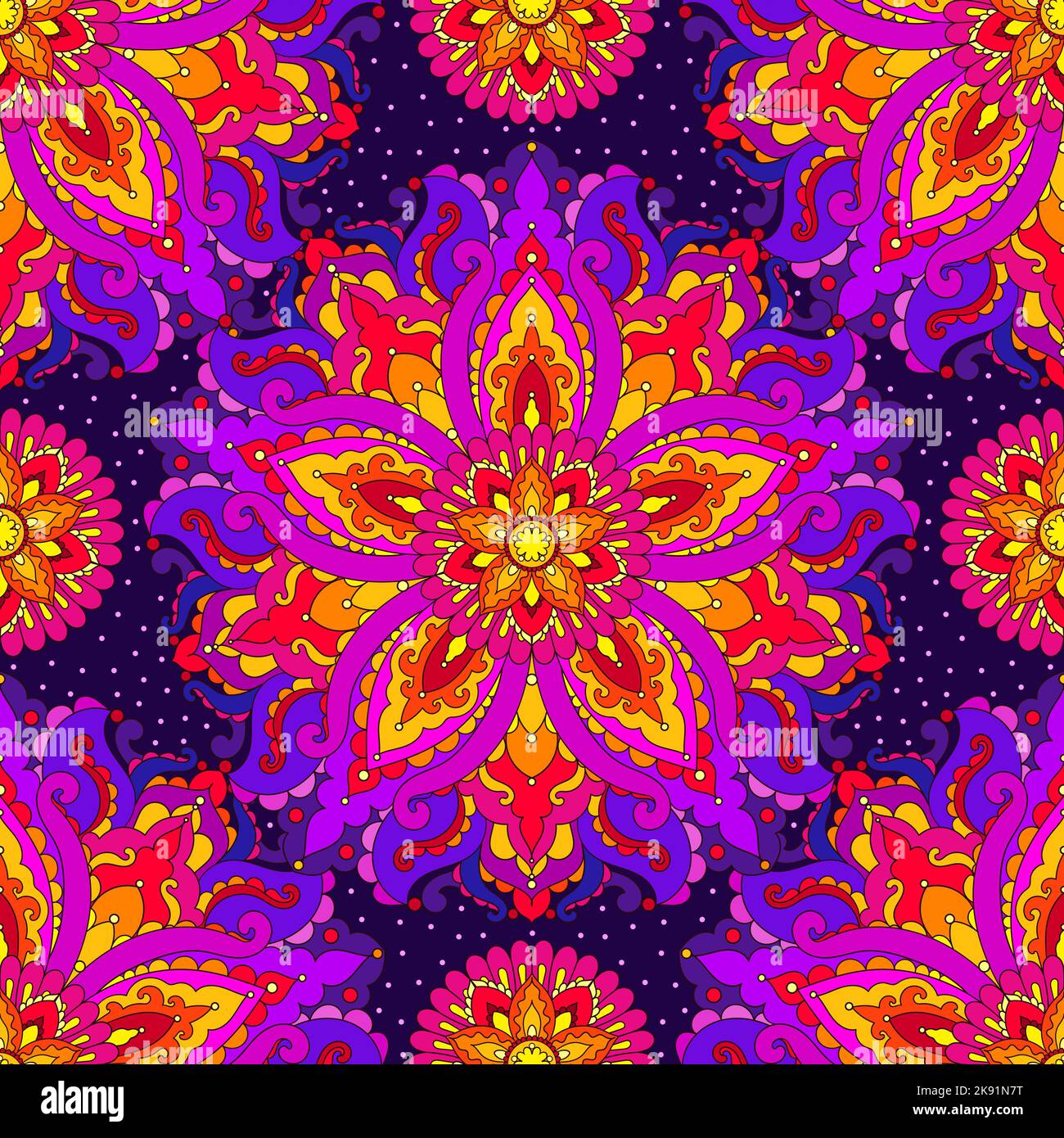 Seamless oriental pattern of mandalas on a dark background. Arabesque theme. For boho fabric design, wallpapers, backgrounds, wrapping paper in arabic Stock Vector