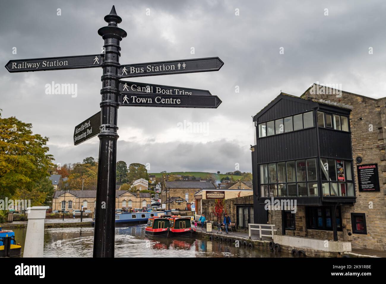 A tourist sign post pictured in front of Skipton canal basin in October 2022 in Yorkshire. Stock Photo