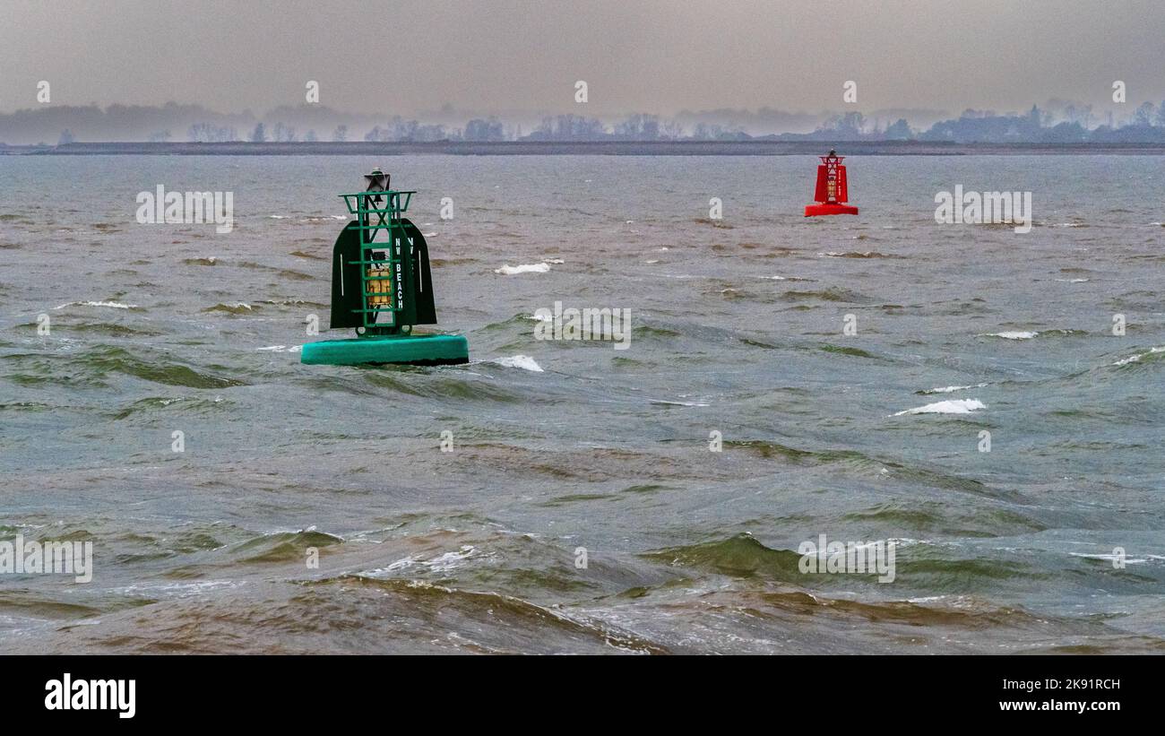 Shipping Lanes - Shipping Lane Marker Buoys on Harwich Haven for Felixstowe Port. Stock Photo