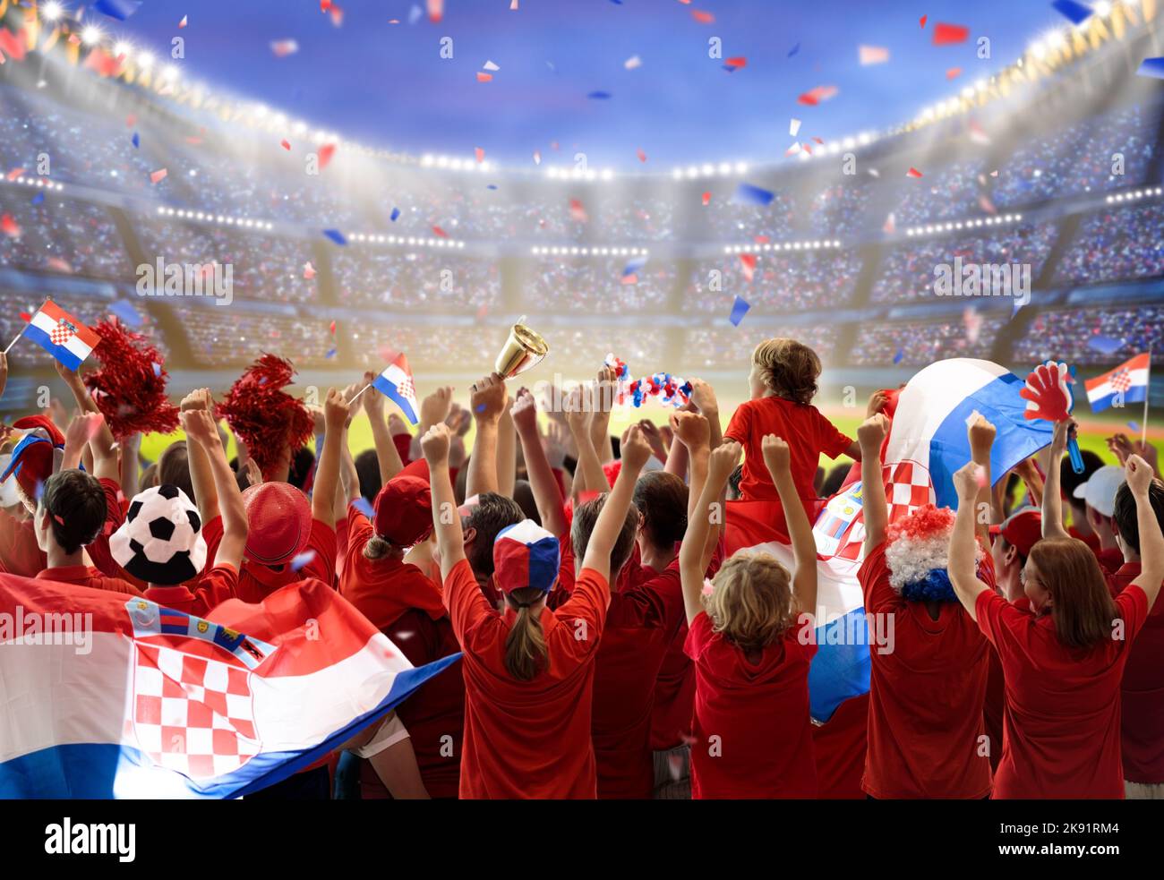 Croatia football supporter on stadium. Croatian fans cheer on soccer