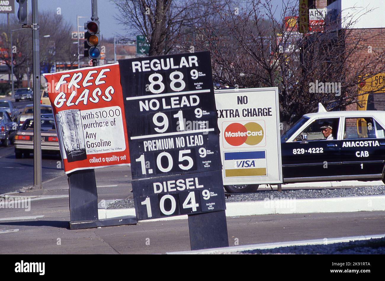 Gas prices in 1978 in Washington DC Photo by Dennis Brack. bb85 Stock