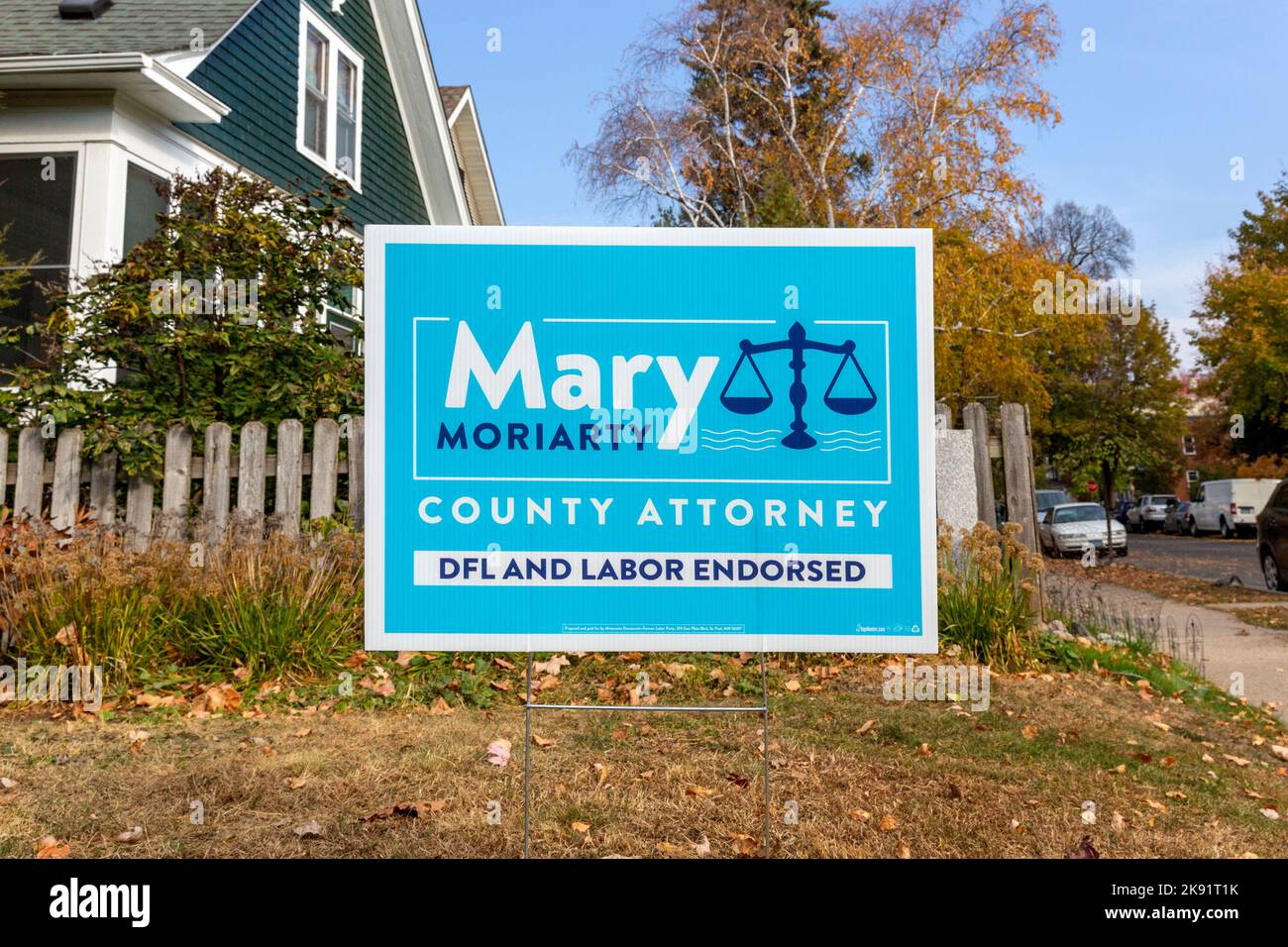 A Mary Moriarty DLF and Labor Endorsed yard sign for Hennepin County Attorney in Minneapolis, Minnesota Stock Photo