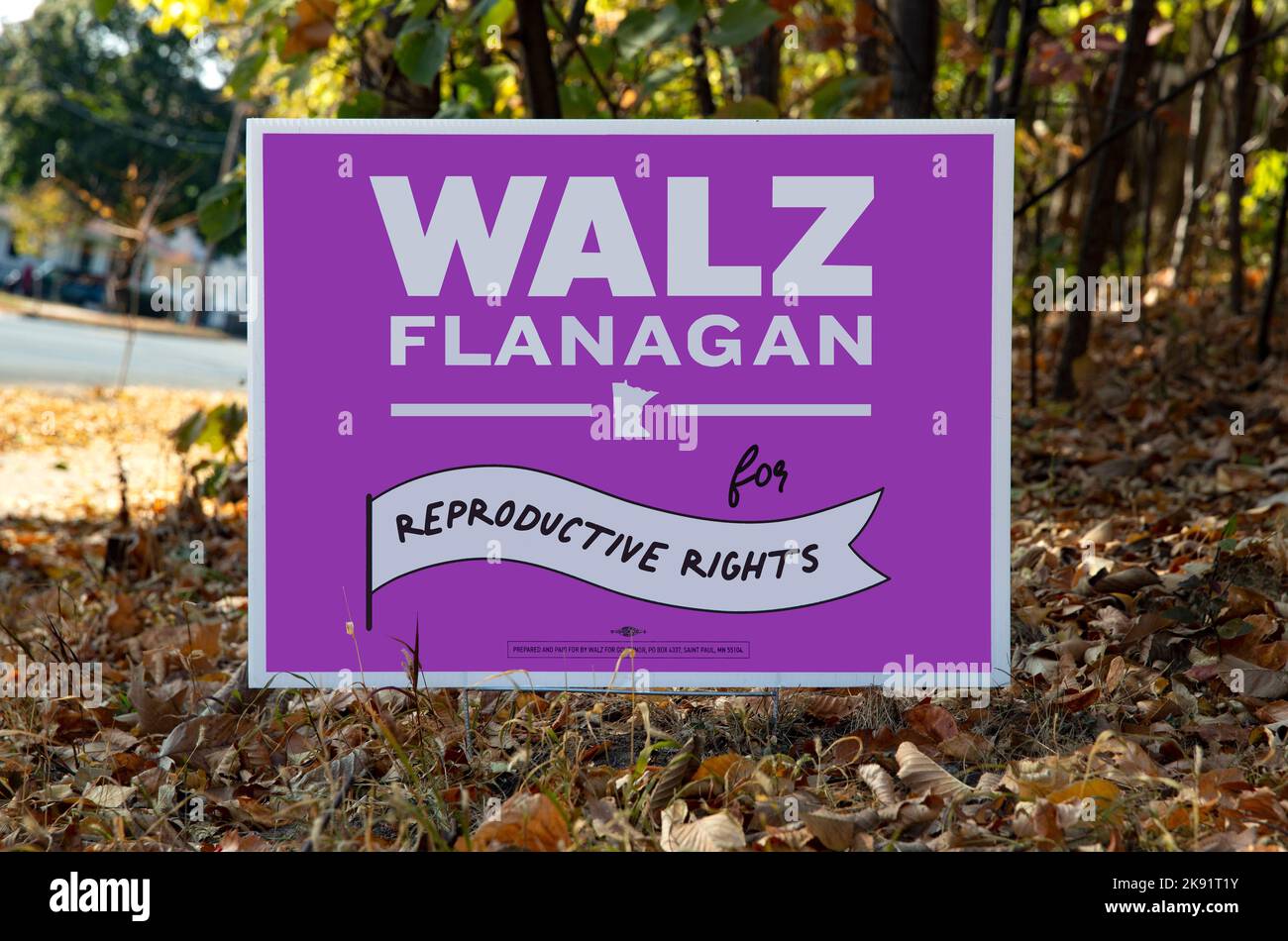 Minneapolis political yard sign for democrats Tim Walz and Peggy Flanagan endorsing reproductive rights for the office of Governor and Lt. Governor Stock Photo