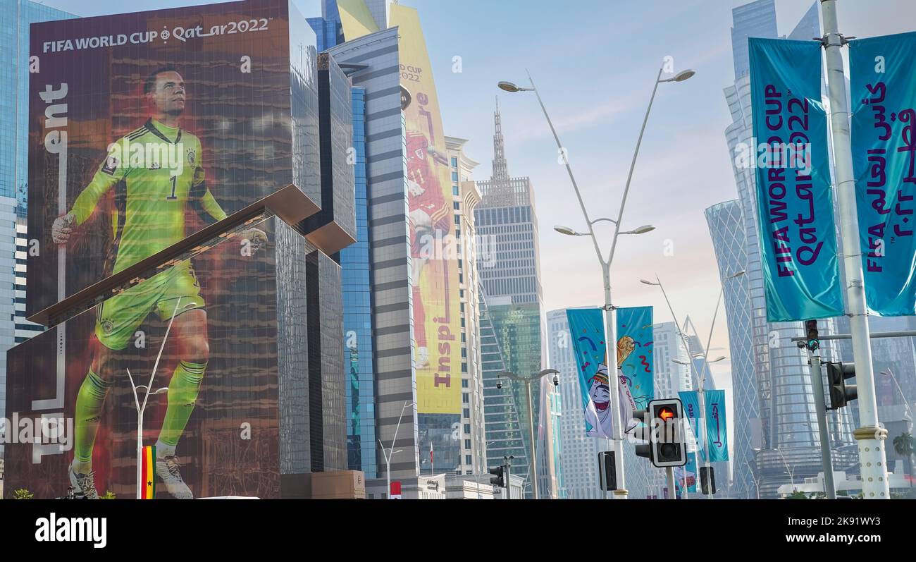 Doha, Qatar October 10,2022 Qatar city business towers decorated