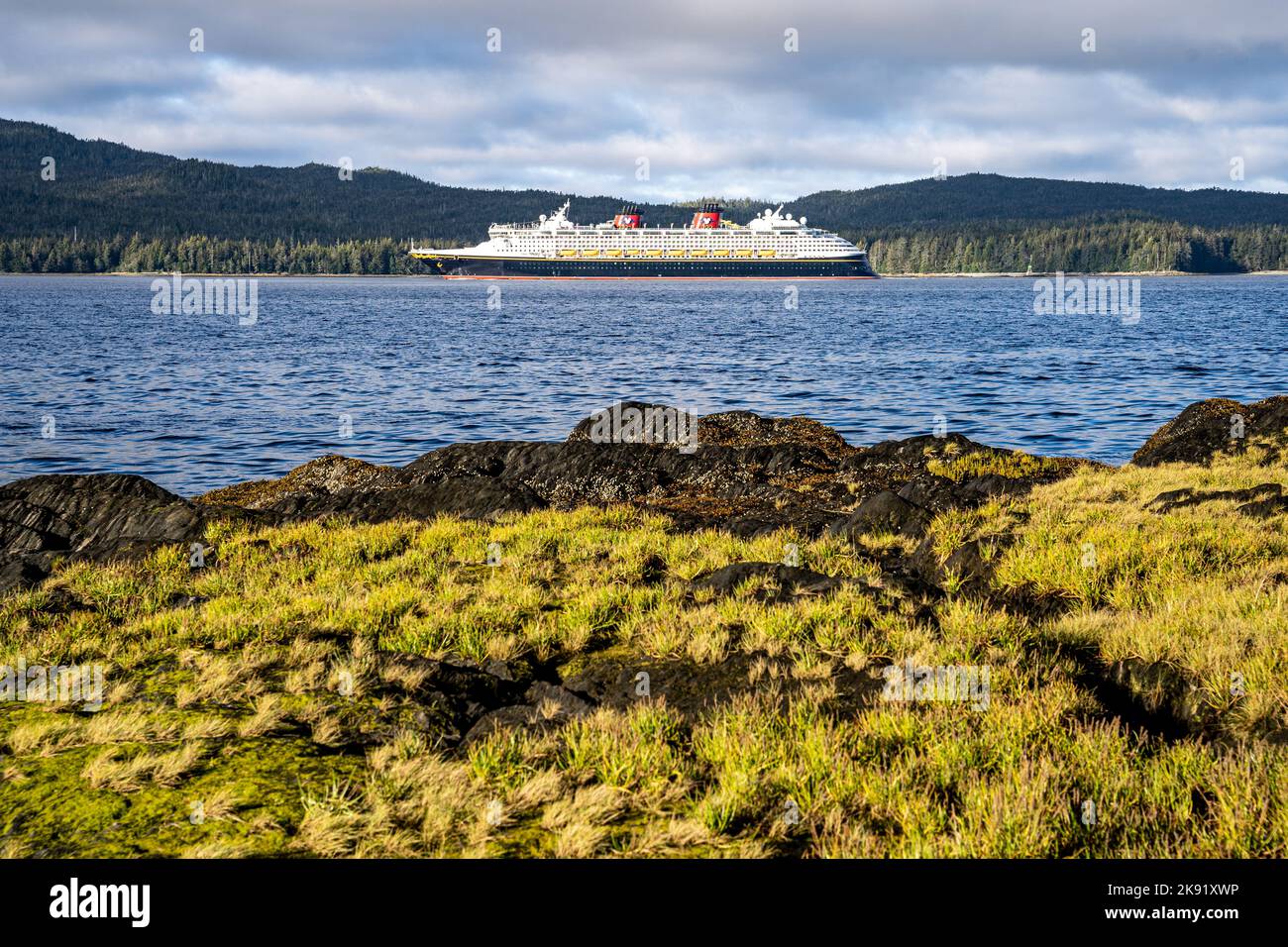 The Disney cruise ship Wonder going by Totem Brite State Park with green trees under a cloudy sky Stock Photo