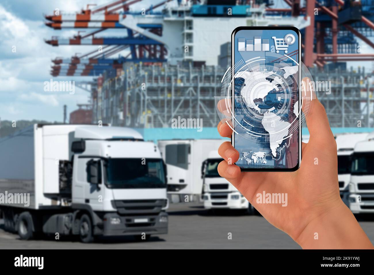 Hands with smartphone on a background of a ship loaded with containers in the seaport. International trade and logistics concept Stock Photo