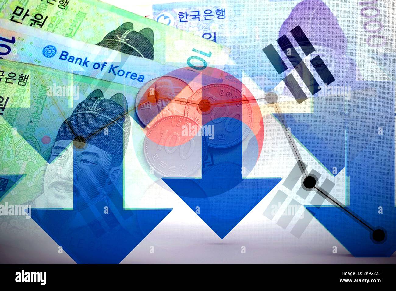 Economy Graph Down Arrows, South Korean Flag, and Cash South Korean