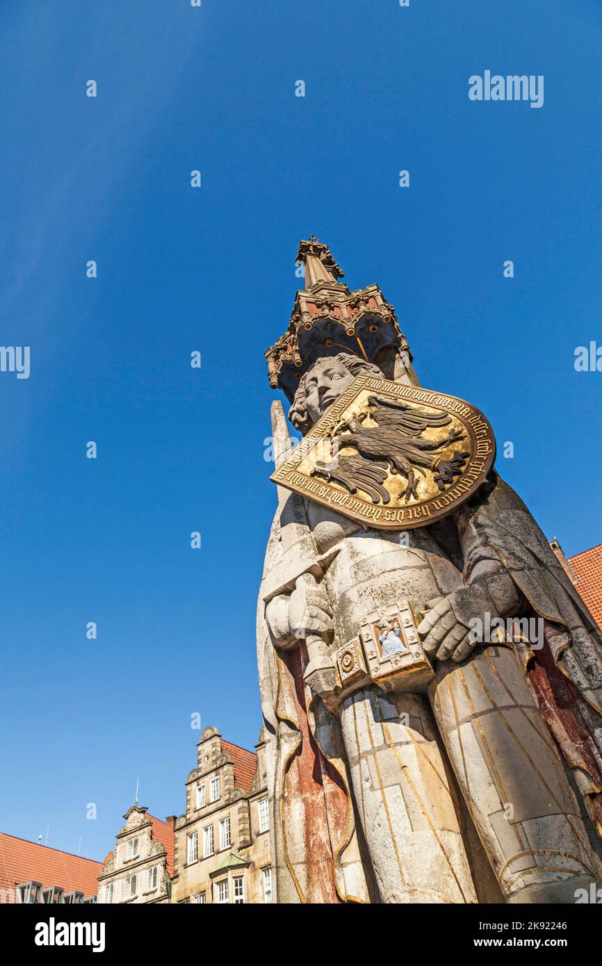 Bremen, Germany - May 12, 2016: Medieval statue of Knight Roland in front of the town hall at Bremen. The Bremen Roland is a statue of Roland, erected Stock Photo